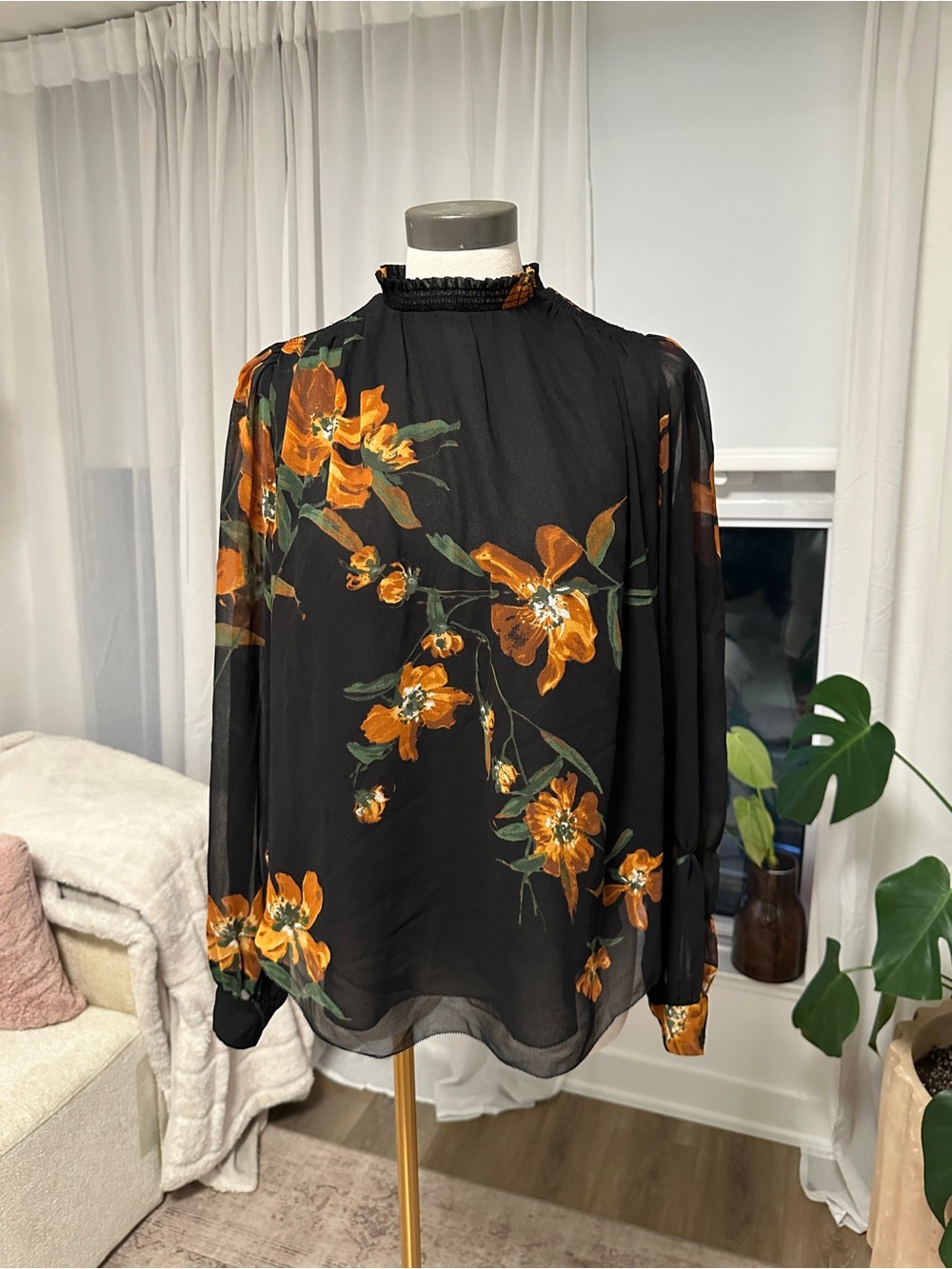 Wilfred Black Sheer Blouse with Orange Floral Print